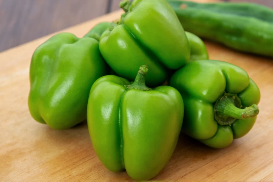 Close-up of fresh green poblano peppers on a wooden cutting board showing their distinctive heart-shaped form and thick walls