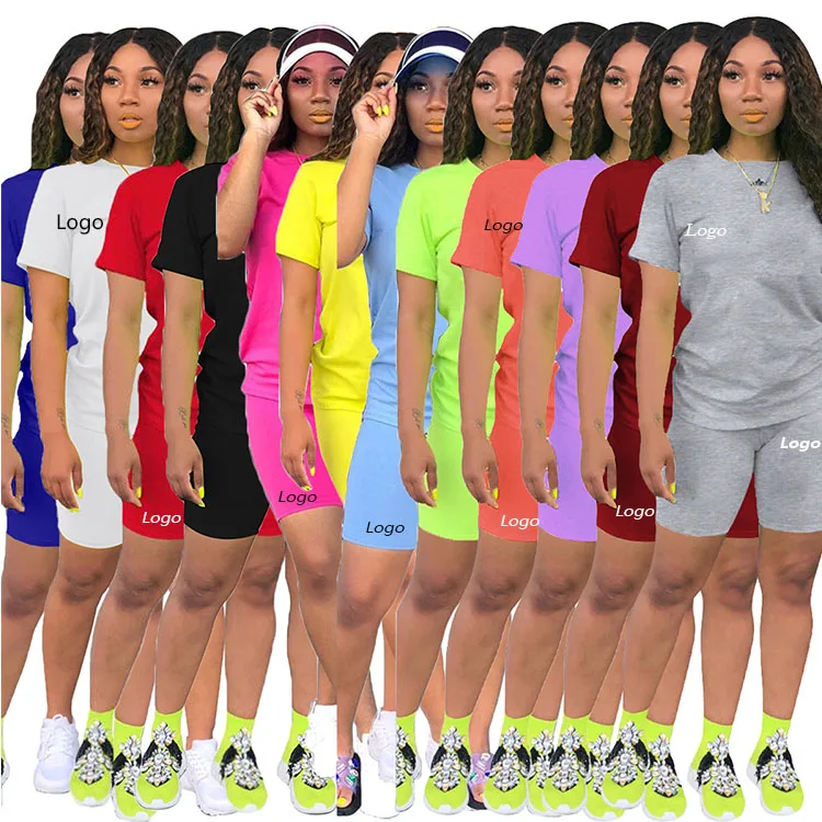 

2021 Women Clothing Cotton Short Sleeves Two Pieces Shorts Set Outfit Spring And Summer Women's Casual Sportswear Biker Shorts, Picture color or customized