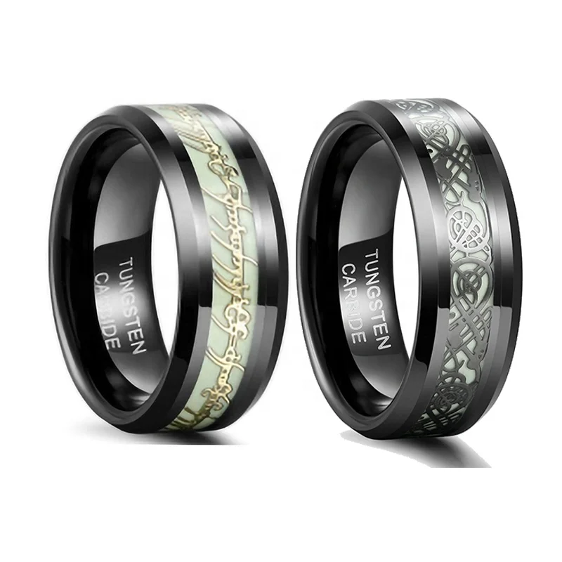 POYA Glowing Ring Celtic Dragon Tungsen Inlay Glow in Dark for Men Women Engagement Wedding Rings