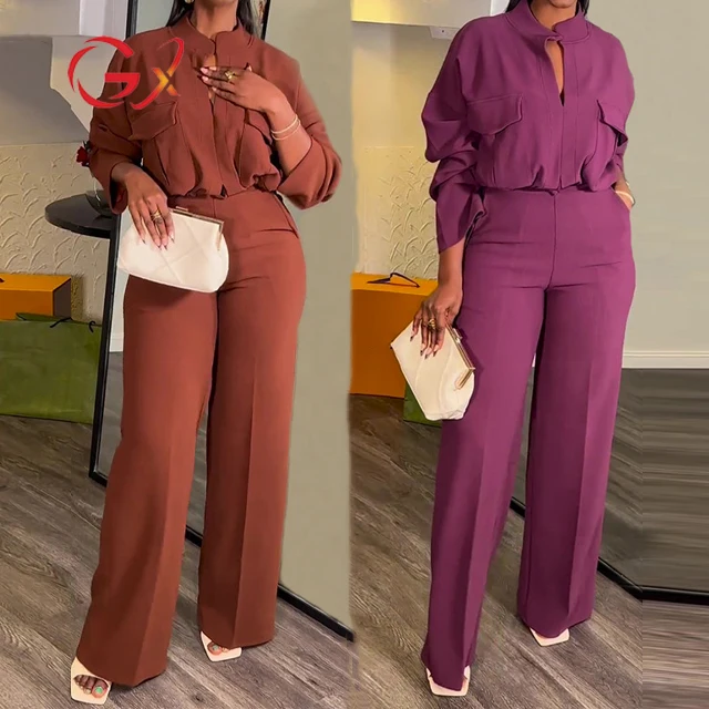 

GX6993 Spring Autumn Clothing Boutique Casual Long Sleeve Pocket Shirt and Wide Leg Pant 2 Piece Set Women