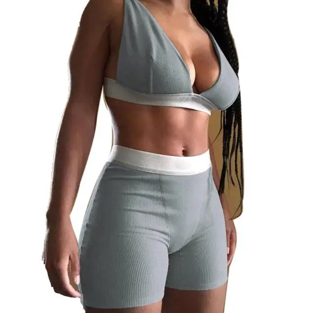 

Custom Logo 2021 Tiktok Popular OEM Gym Pants Suit Ribbed Sleeveless V-enck Bra Tops Stretchy Two Piece Yoga Set, White,blue,gray.black,pink,red