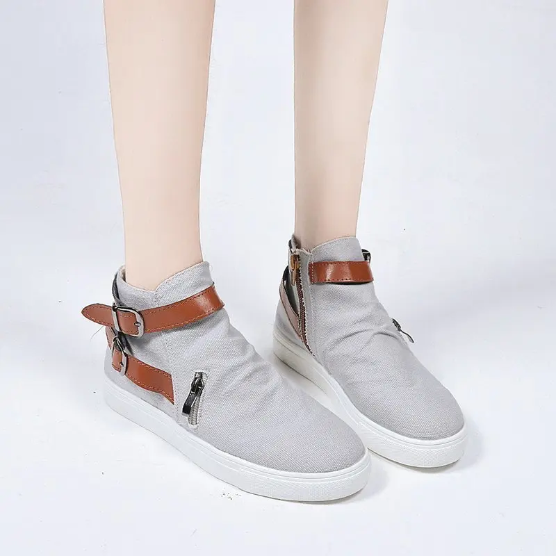 

Best sell classic high-cut sneakers rubber soles canvas zipper casual shoes for women, As picture