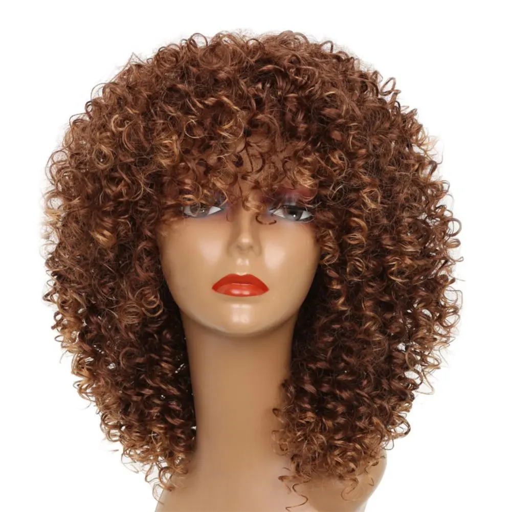 

Wholesale brown kinky curly synthetic hair wigs with bangs