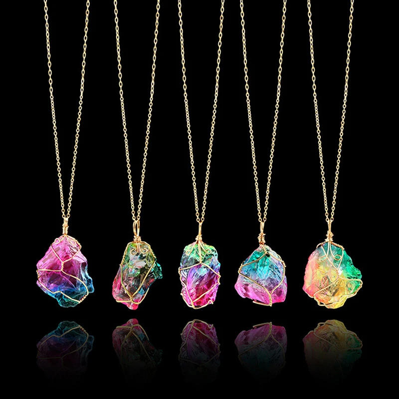 

Colorful crystal pendant transparent natural raw stone winding pendant five color stone necklace