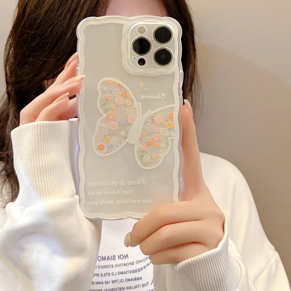 

Ins Wavy Pattern butterfly cute cartoon soft silicone clear phone case for iphone x xs max 11 12 mini 13 pro max 8 7 plus cover, Transparent