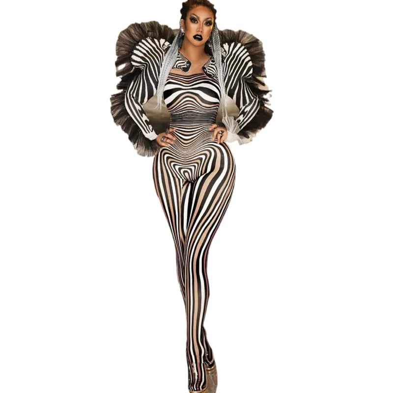 

Unique Zebra Stripes Cosplay Costumes Animal Role Playing Stage Costumes Women Sexy Club Jumpsuit Dance Wear Performance Outfits, Black
