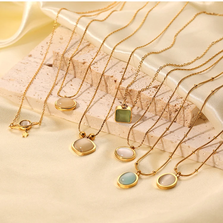 

G2256 Wholesale Stainless Steel 18K Gold Plated Dainty Women Cat Eye Stone Opal Pendant Fashion Jewelry Necklaces