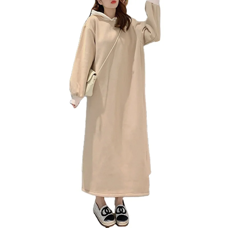 

Korean Winter Plain Hoody Long Sweatshirt Ladies Heavy Fleece Thick Long Hoodies Casual Maxi Hooded Hoodie Dresses For Women