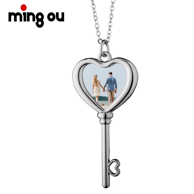 

Valentine's Day gift Sublimation Zinc Alloy DIY Photo Heart Key Necklace, Silver