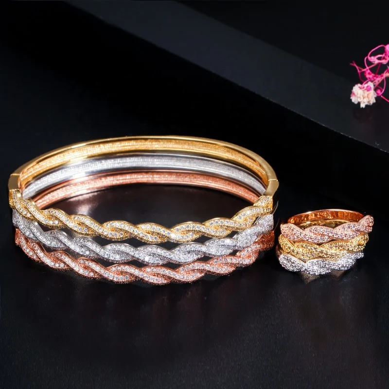 

Twist Lines Cubic Zircon Rose Gold Color Open Cuff Bridal African Bracelet Bangle and Ring Jewelry Set, Picture shows