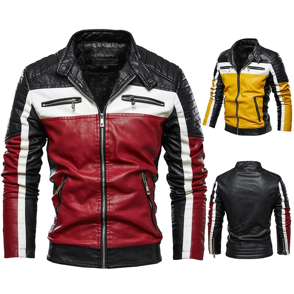 

Colorblock Plus Velvet Leather Jacket Men's Motorcycle Jacket 2021 Plus Size Men's FashionLeather Jacket, Pictures