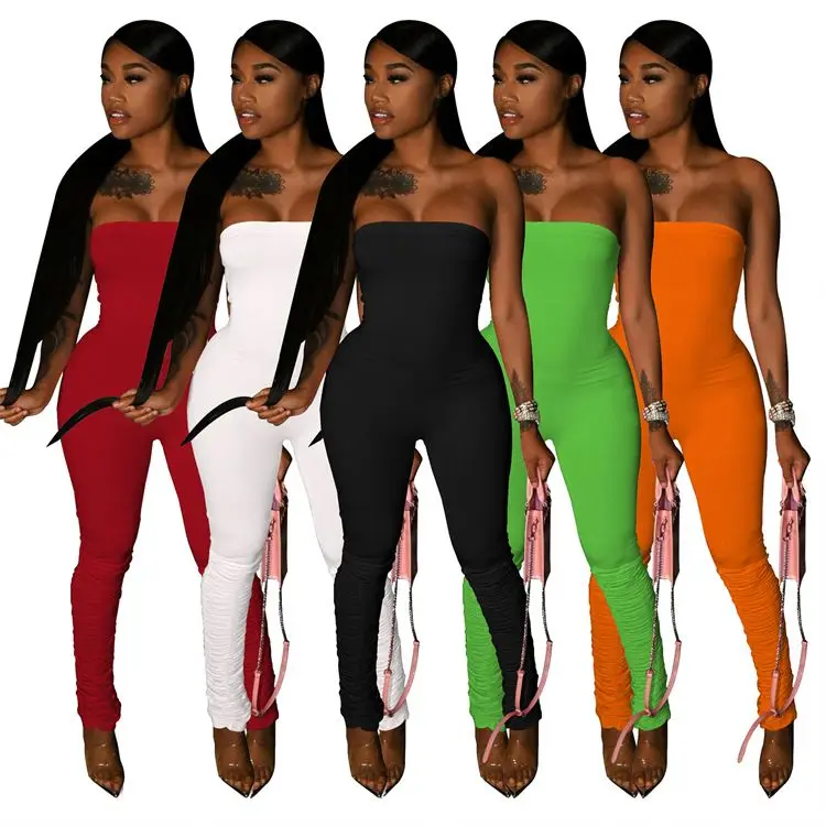 

MOEN Fashion 2021 Solid Color Strapless Long Pant One Piece Summer Women Cotton Off Shoulder Jumpsuit