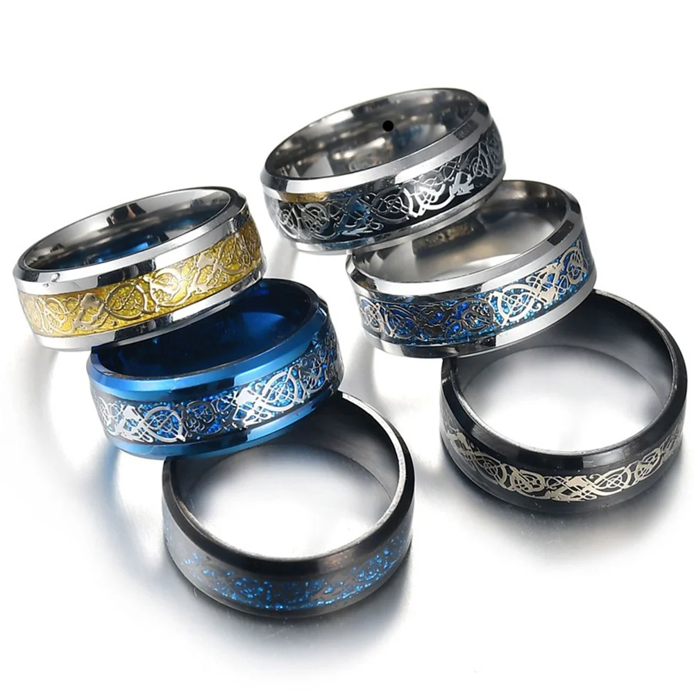 

Men Ring Jewelry Gold Silver Red Blue Black Dragon Inlay Comfort Fit Stainless Steel Rings for Men Wedding Ring Wide 8mm
