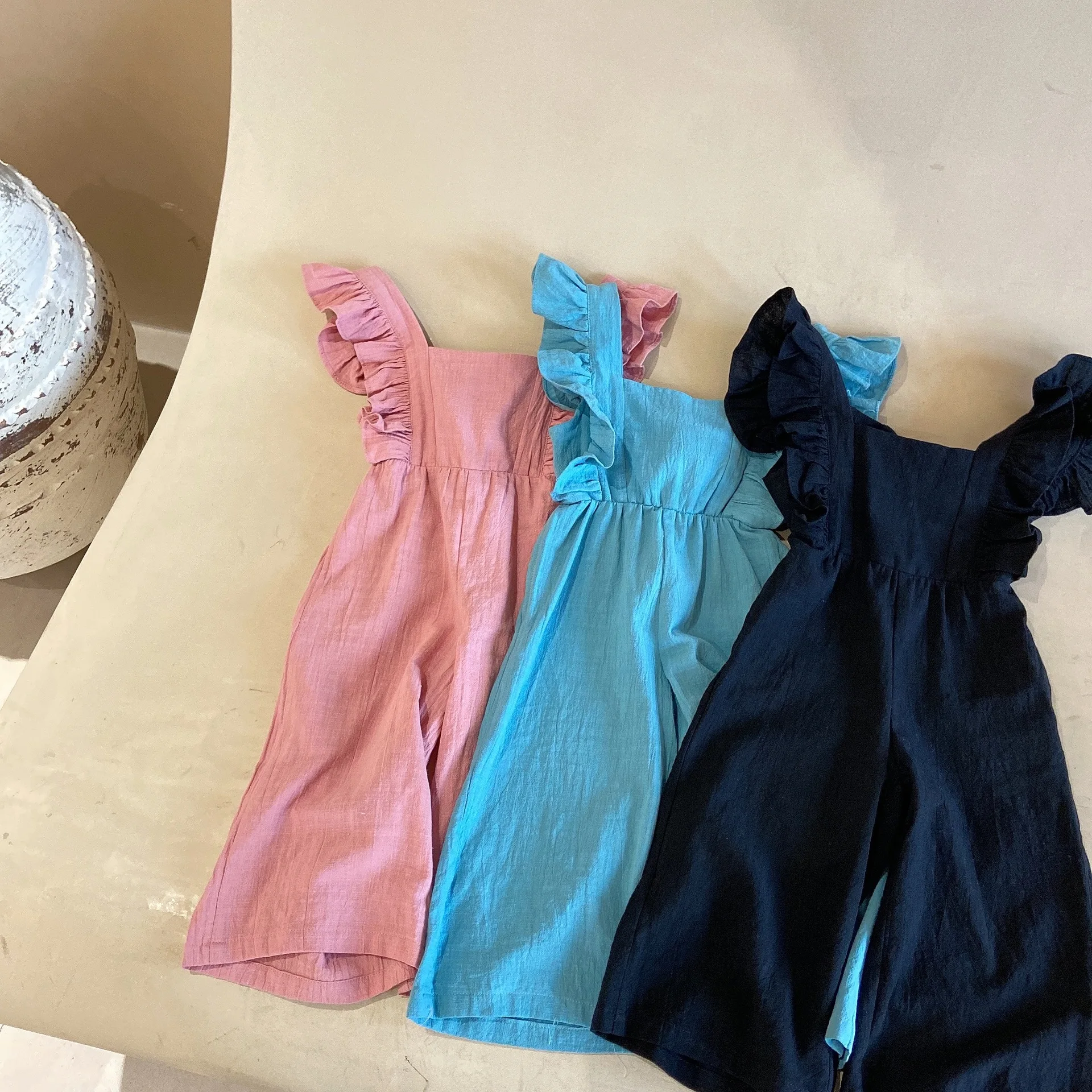 

2021 New Wholesale Girls Ruffles Overalls Summer Cotton Fashion Kids Pants 1-6 Years