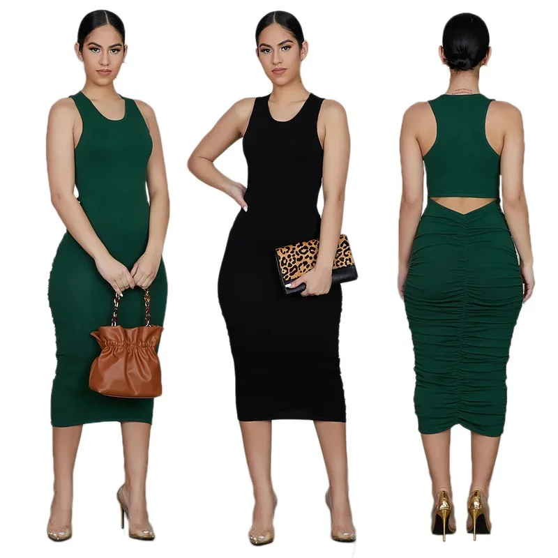 

Backless Sexy Midi Dress For Women Hollow Out Ruched Bodycon Mini Dress Summer 2021 Party Night Club Tight Dress