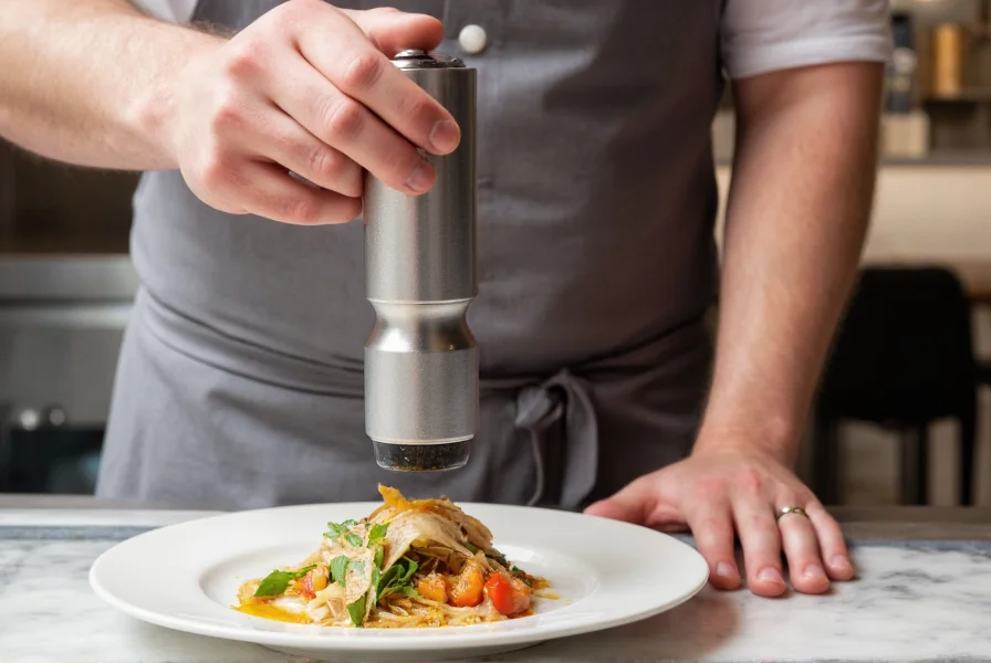 Professional chef using Peugeot Paris pepper grinder on restaurant dish