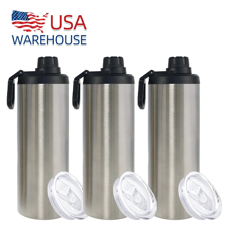 

USA warehouse double wall thermal coffee mugs sublimation blank travel cup 25oz 30oz stainless steel tumbler silver with straw