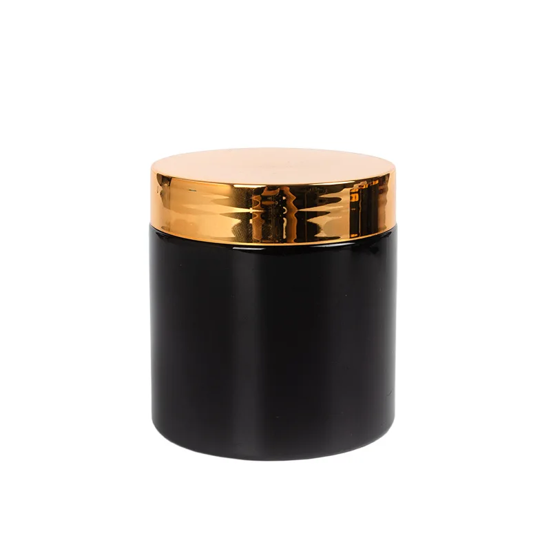 

Wholesale Empty 80ml 100ml 120ml 150ml 200ml 250ml Black Cosmetic Pet Plastic Cream Jars with Gold Lids