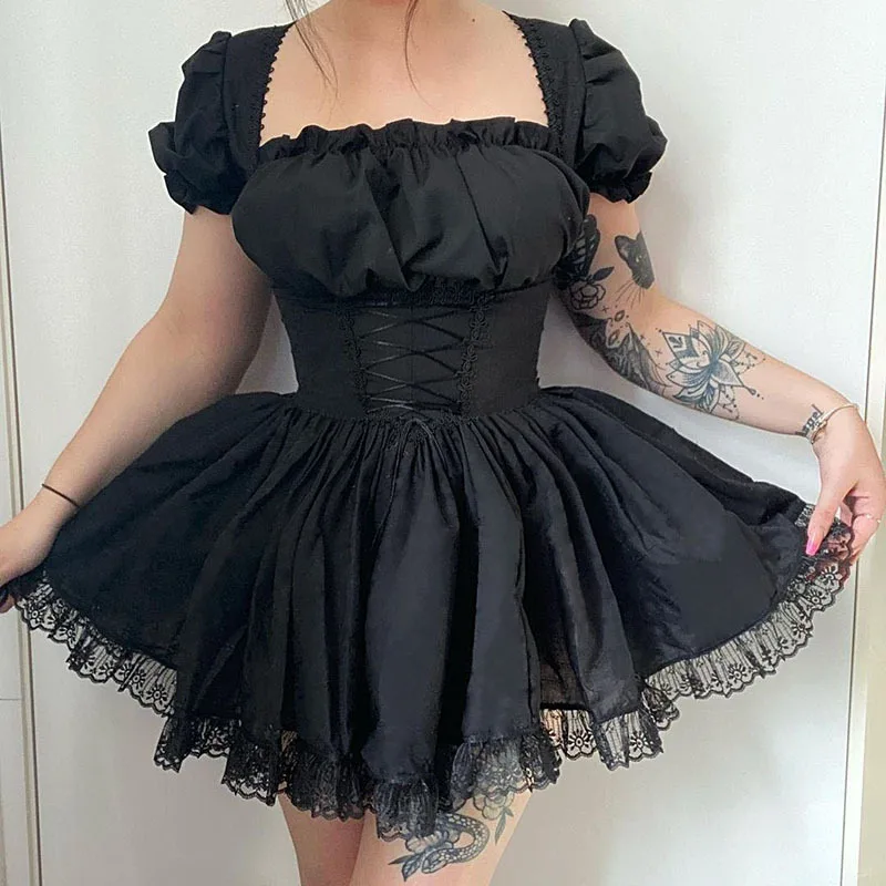 

Trendy Square Neck Solid Short Ruffle Dress Lolita Gothic Costume Steampunk Victorian Sexy Black Gothic Corset Dress Women, Blue/ rose red/white/black gothic corset dress