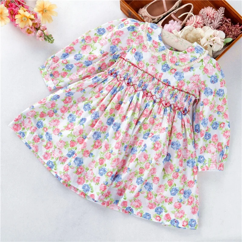 

C071683 autumn floral flower baby girls smocked dress long sleeve cotton kids clothes outfit children clothing wholesale