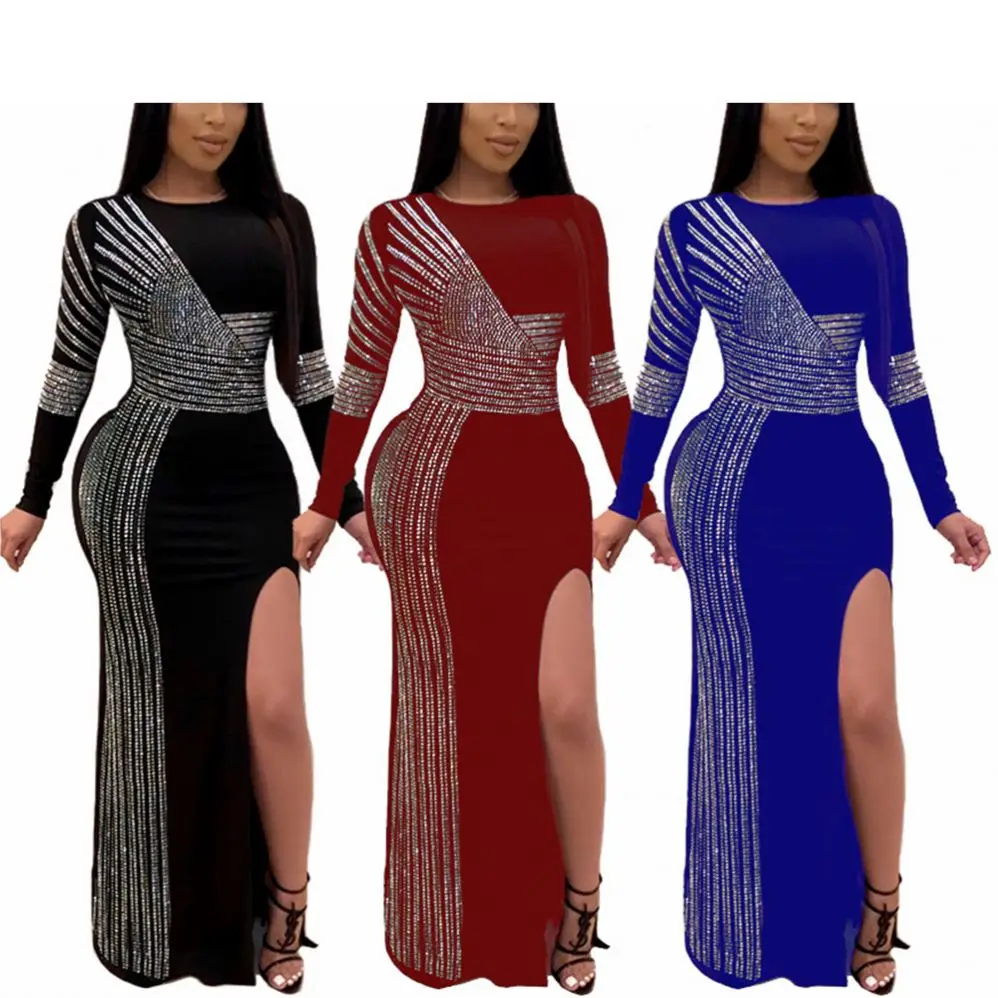 

20020 New Arrivals Modern Black Long Sleeve Rhinestone Slit Maxi Dress