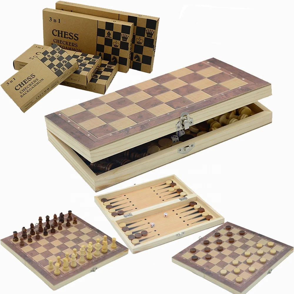 

3 in 1 Multifunction Kids Game Wood Foldable Chess Board Wooden Backgammon Checkers International Chess Set