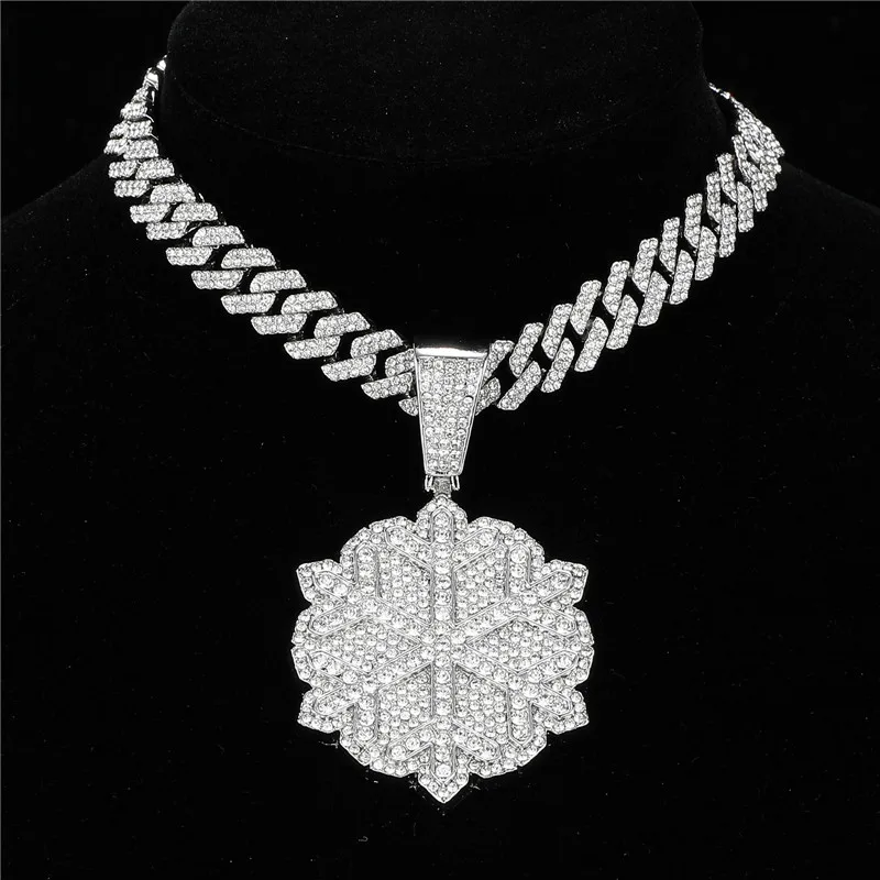 

Hip Hop Icy Bling Jewelry Men's Luxury Gold Plated Rhinestone Diamond Snowflake Pendant With Prong Cuban Necklace CHAIN