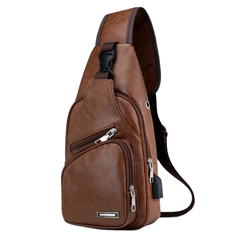 

W225 Hot Selling USB Charging Casual Fashion Shoulder PU Custom Logo Chest Bag Men Leather Messenger Bag, Customized color