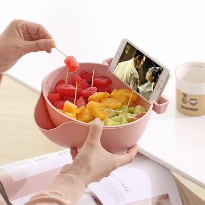 

Creative Lazy Snack Bowl Plastic Double-Layer Snack Storage Box Bowl Fruit Bowl with Mobile Phone Bracket