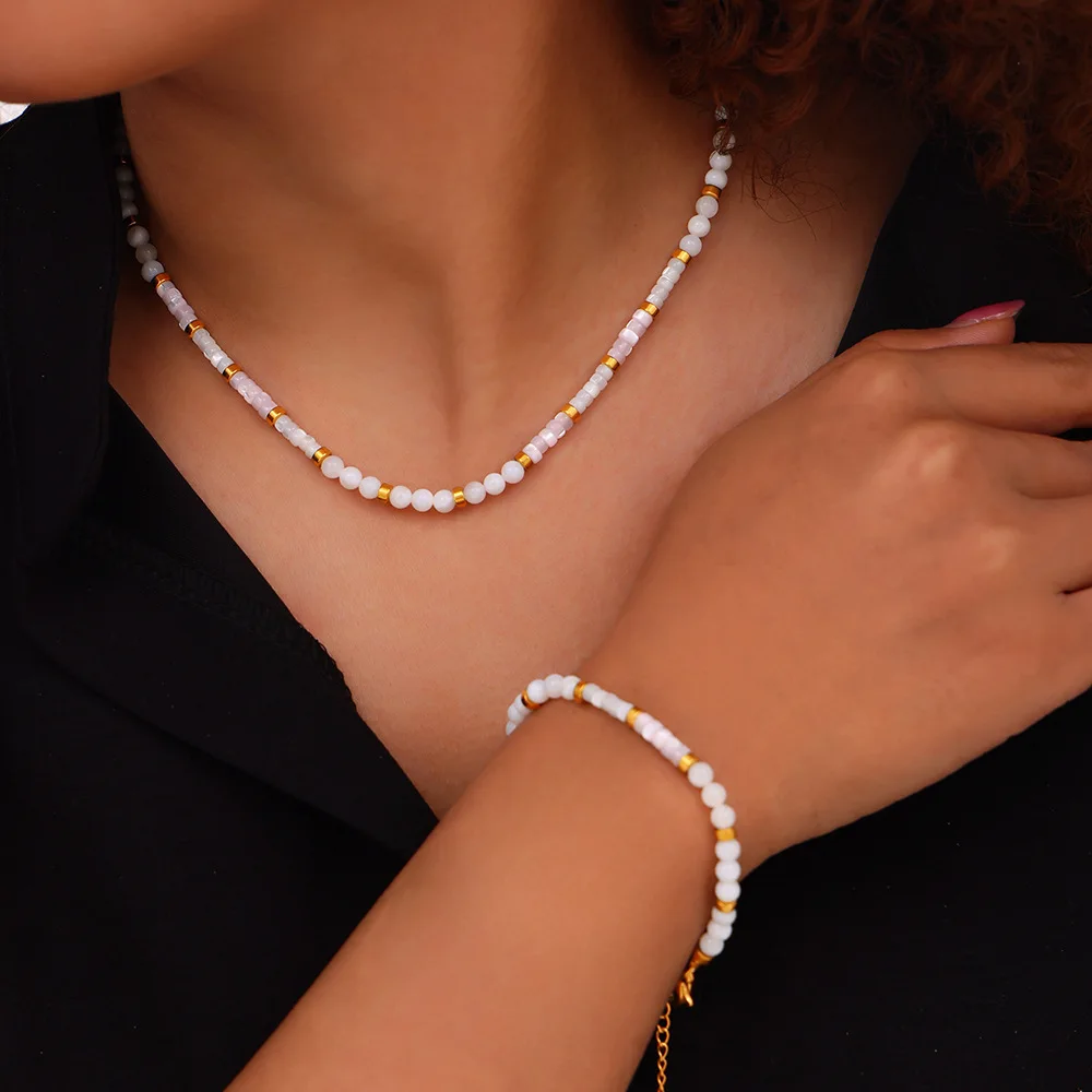 Joolim Jewelry 18K Gold Plated Sea Shell Beads Elegant Link Chain Necklace and Bracelet Set for Gift