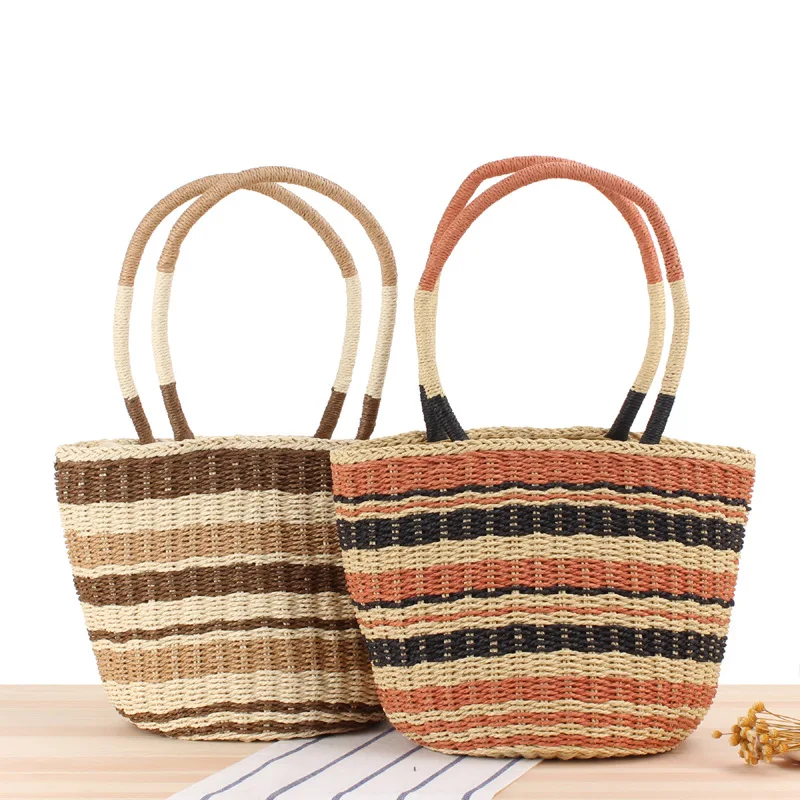 

2022 Summer New Striped Design Woven Paper Straw Handbag Holiday Travel Beach Basket Bag for Girl Lady Fashion Dress