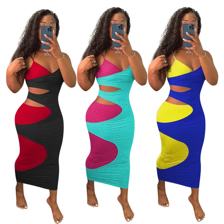 

Trendy Ladies Slip Dress Hollow Out Color Block Summer Women Casual Long Dresses