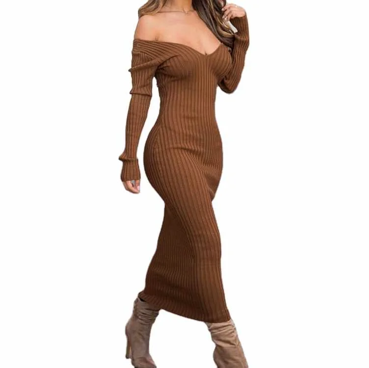 

Casual Women Elegant Off Shoulder Sweater Knit Dress Sexy Long Sleeve Ladies Bodycon Dress, White, black, pink, brown