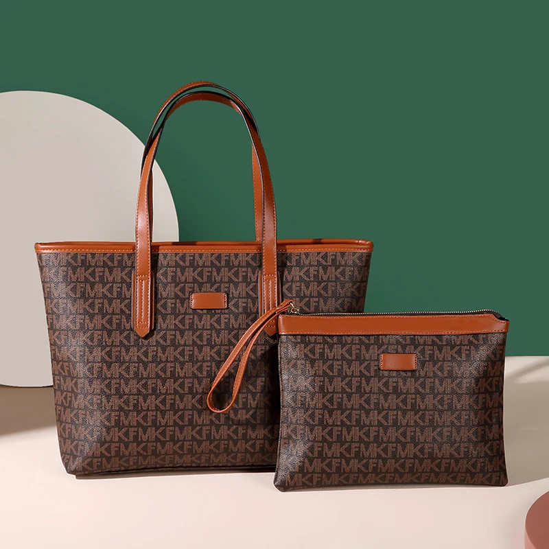 

MK F Brand PVC Customized Luxury Purses and Handbags Set Picture-Mother Bag Retro Printed Large Tote Bags for Women, Coffee brown