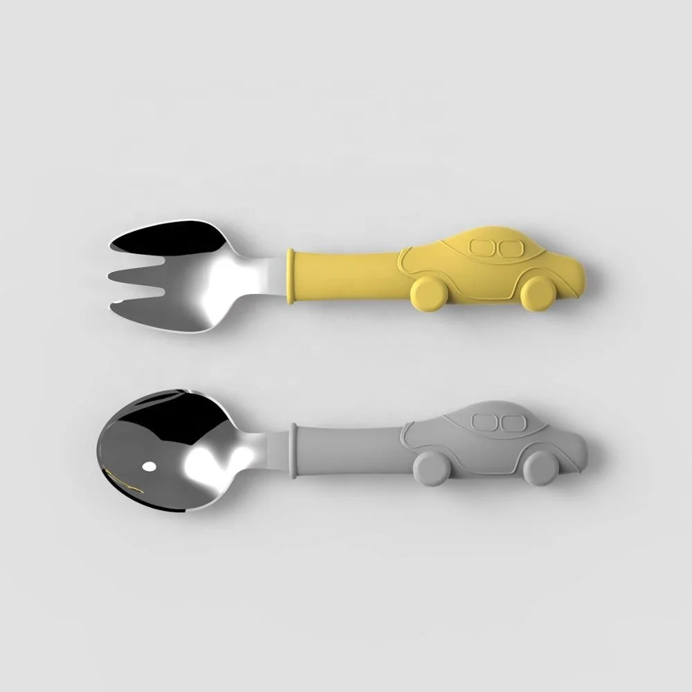 

Food Grade BPA Free New Eco Friendly Custom Reusable Mini Fruit Car Shape Silicone Fork Homeware For Baby Infant Toddler Kid, Yellow, grey, customized