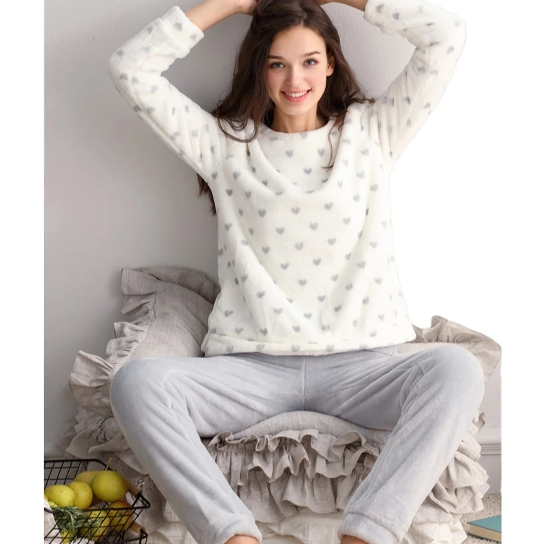 

Jersey Fleece Women's Sleepwear Winter Warm Flannel Soft Pajamas With Long Sleeves Waistband Pant Girls' Sleepwear