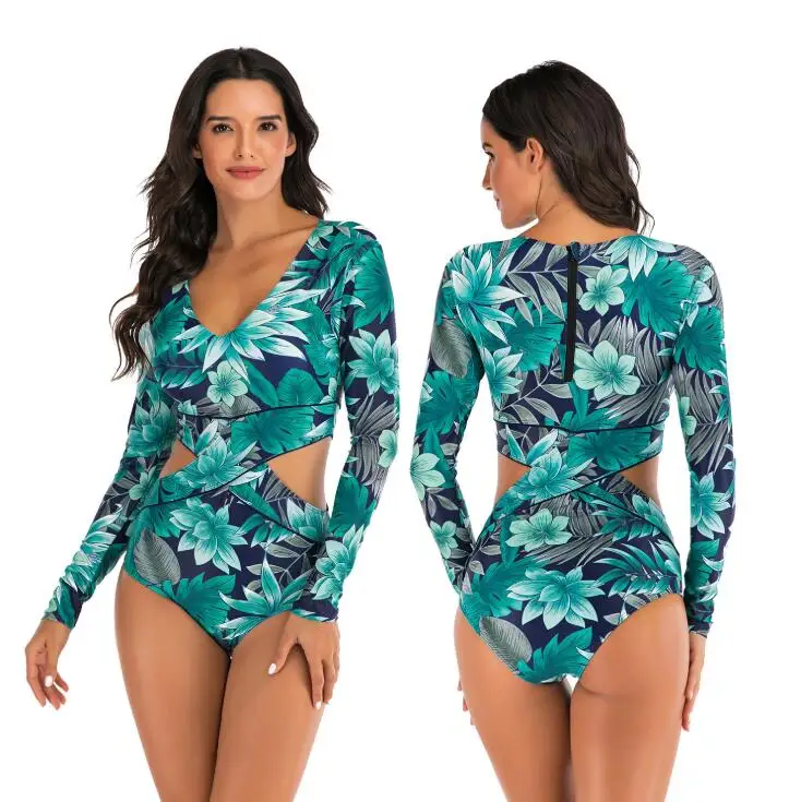 

Long sleeve swimwear women one piece swimsuit print bathing suit cut out sexy wetsuit surfing one-piece beachwear