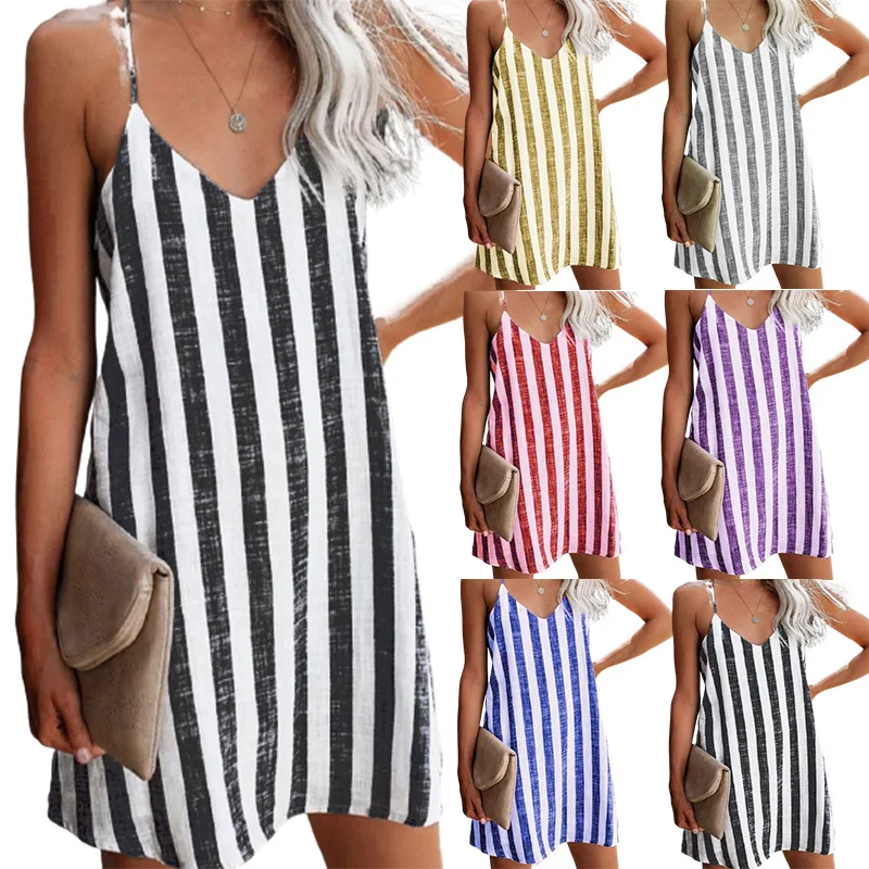 

2021 Fashion Sexy Striped Suspenders Short Casual Loose Dress for Women