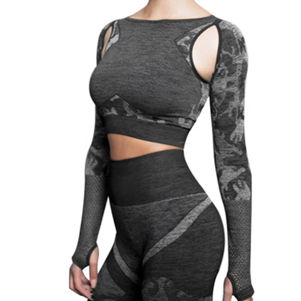 

Fashionable Patchwork Long Sleeves Thumb Holes Gym Camo Tee Shirt Sport Fitness Yoga Shirts