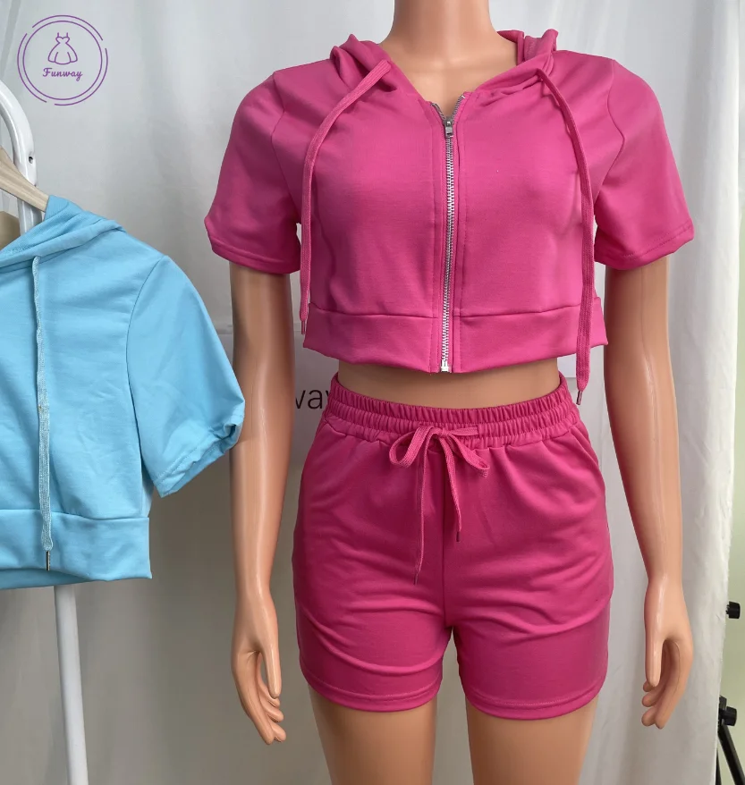 

XS-XL 2021 summer Zipper Hooded short Sleeve Tops Biker Shorts Two Piece Set Outfits tracksuits for women