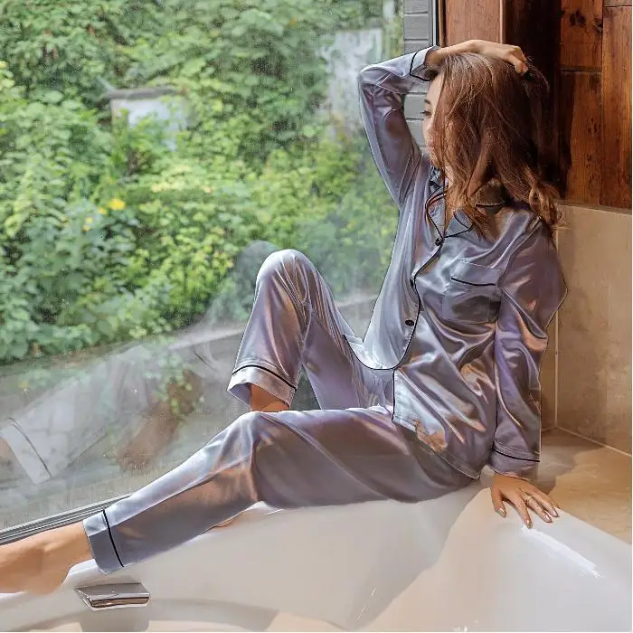 
8012 Women Ladies Sexy Satin Silk Pajamas Sets Long Sleeve Tops Pants Sleepwear Nightwear Pyjama 