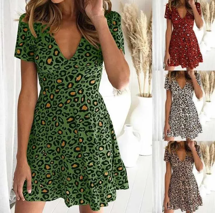 

Summer Sexy V-neck High Waist Short-sleeved Leopard Print Dress, Picture color