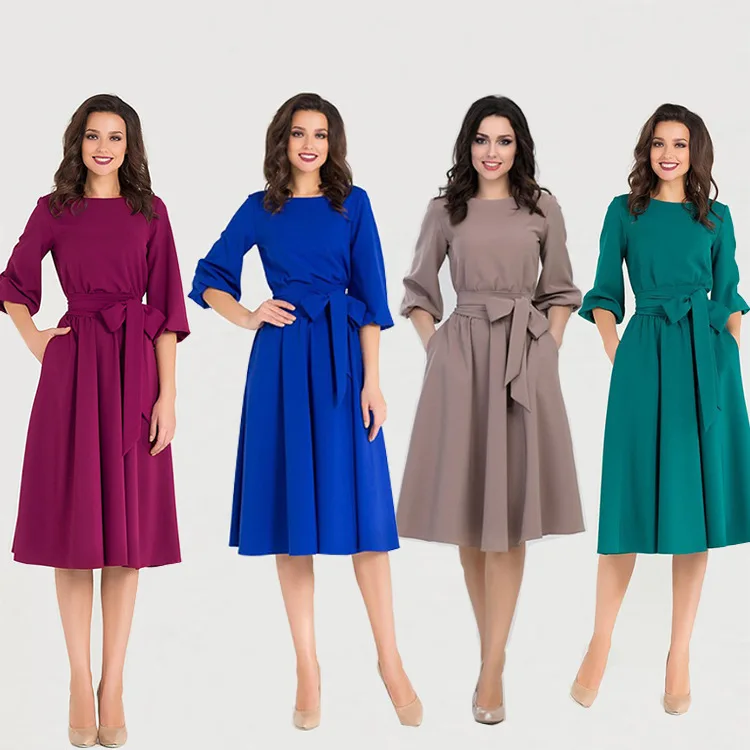 

FZ-30 Spring Autumn Women Solid A-Line Knee Length Pullover Skirt Female Puff Long Sleeve O-Neck Elegant Belt Bandage Dresses