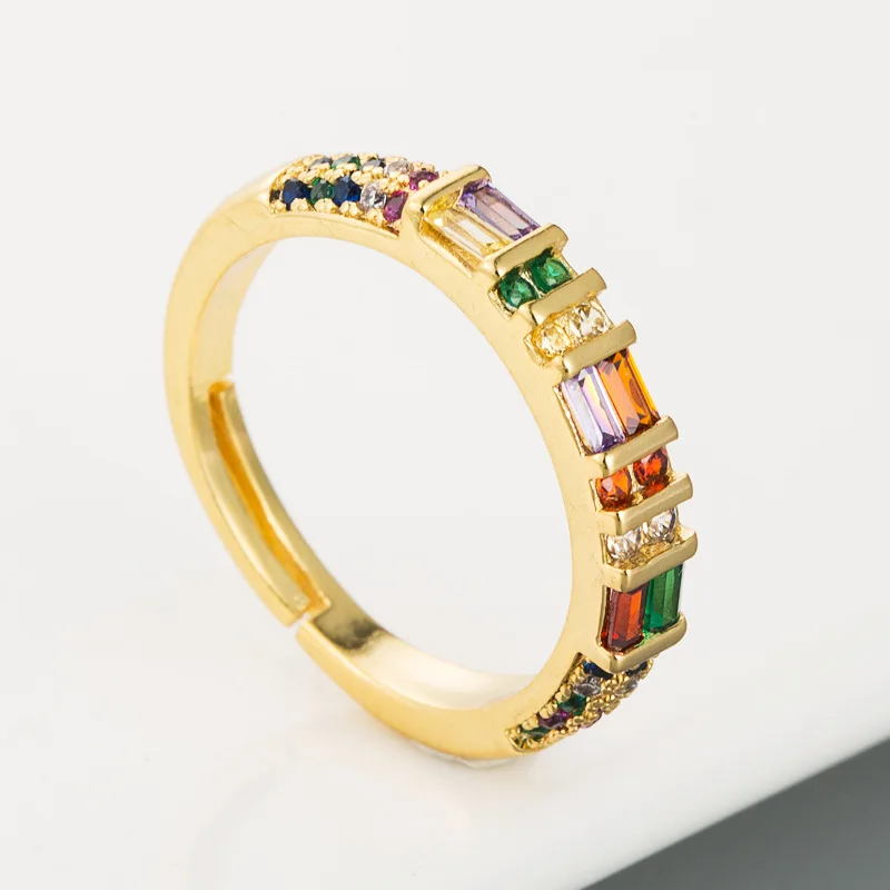 

Creative Couple Ring Copper Micro-Inlaid Color Zircon Ring Hip Hop Ins Open Adjustable Rainbow Ring