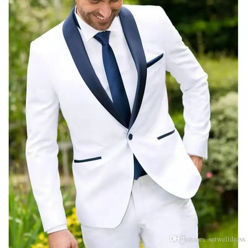 Morili one button Wedding Suits For Man Shawl Collar 2 Pieces Slim Fit white jacket with navy blue collar around neck MMSB50