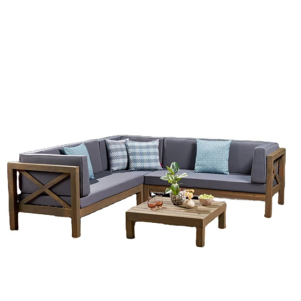 

Free Shipping Within US 4 Piece V-Shaped Acacia Wood Sectional Sofa and Coffee Table Set, Brushed light gray wash