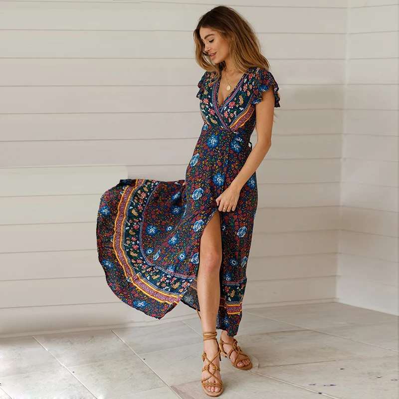 

Hanni Female Spring Floral Print V Neck Ruffles Casual A-line Boho Women Maxi Dress boho dresses summer 2021, Pink, red, dark blue, lake blue, white background blue