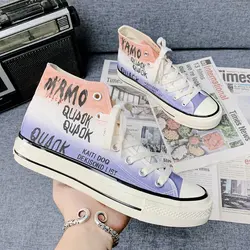 Cartoon letter print canvas shoes high heel ankle 