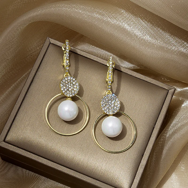 

fashion trendy circle pearl drop rhinestone hoop earrings women