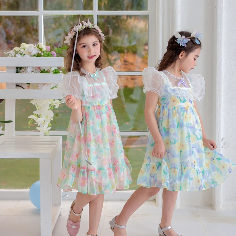 

wholesale kids clothes children green lace floral dress puff sleeve girls dress for kids girl